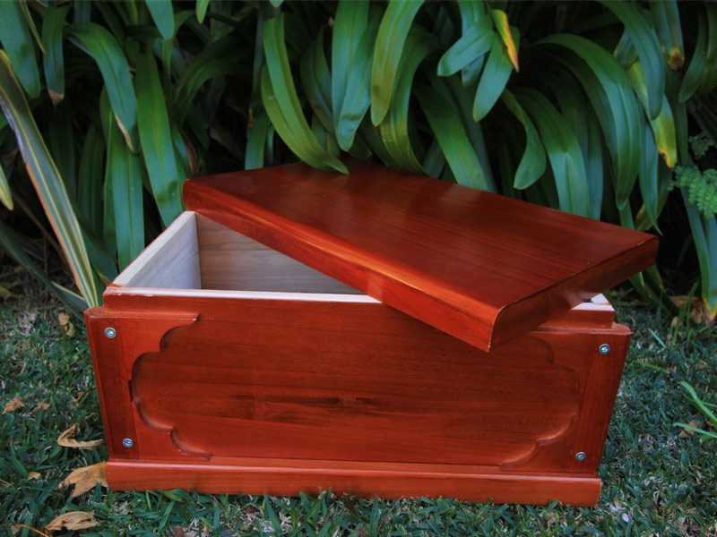 Timber pet casket with rosewood stain finish