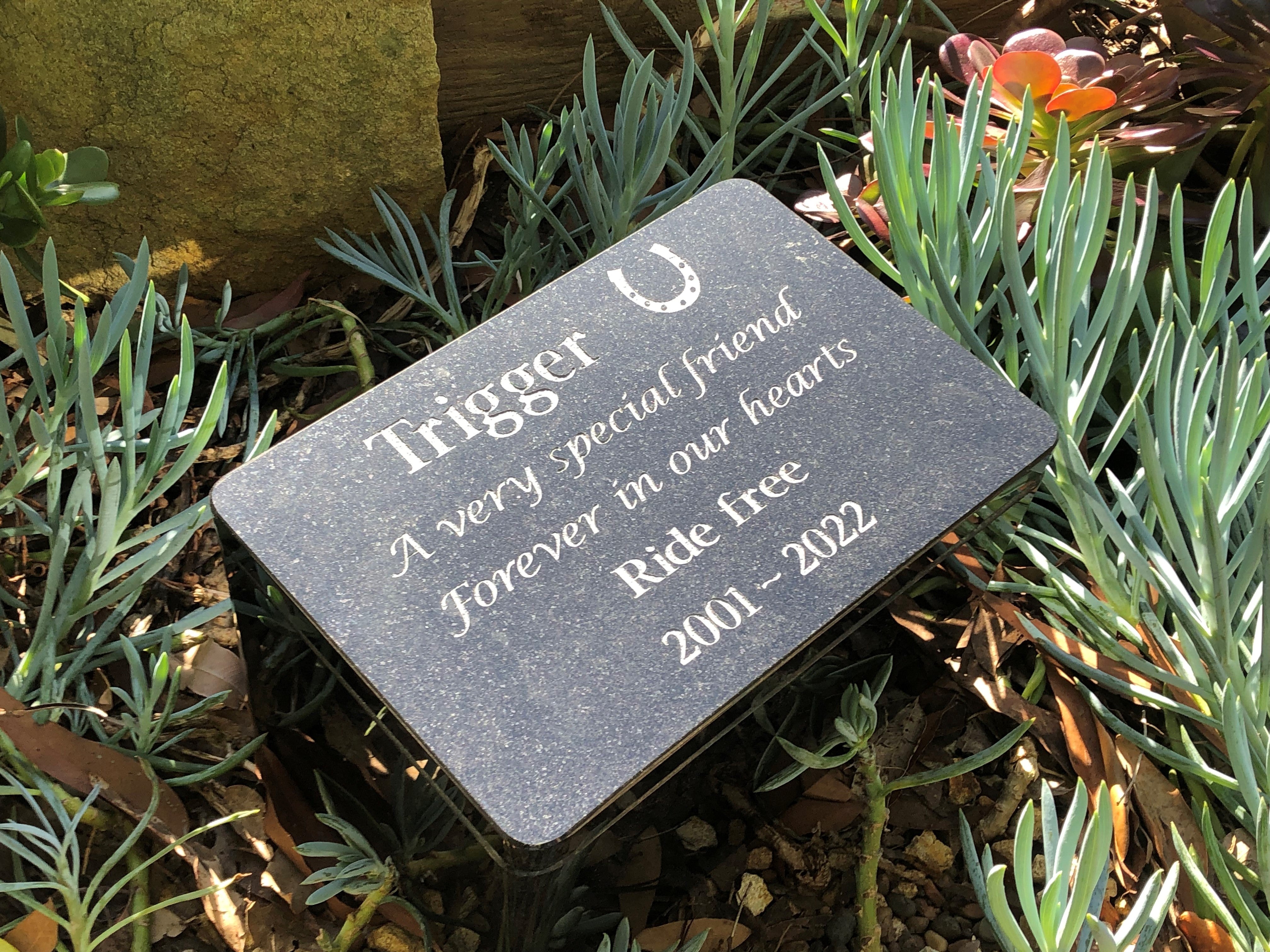 Granite pet memorial plaque with engraved name and dates